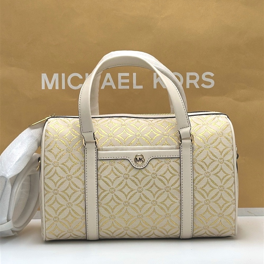 MICHAEL KORS JST TRAVEL MEDIUM DUFFLE SATCHEL CROSSBODY BAG MK Pale Gold Multi - Picture 3 of 16